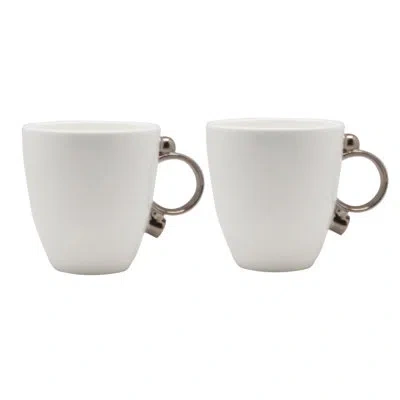 Prouna Geometrica Silver Rim Bone China  Coffee Mug , Set Of 2 In White;platinum
