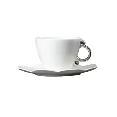 Prouna Geometrica Silver Rim - Tea Cup & Saucer In Silver,white