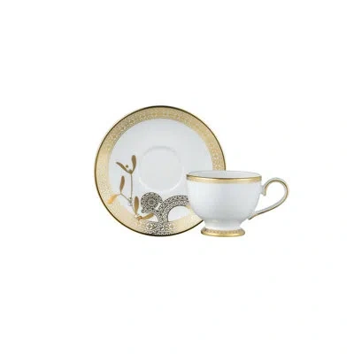 Prouna Golden Leaves Bone China Espresso Cup And Saucer In White;gold