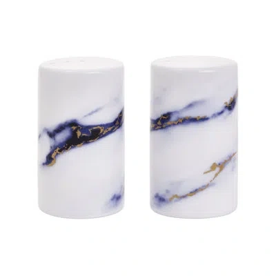 Prouna White/azure/gold Bone China Salt And Pepper Shaker Set In Blue;white;gold