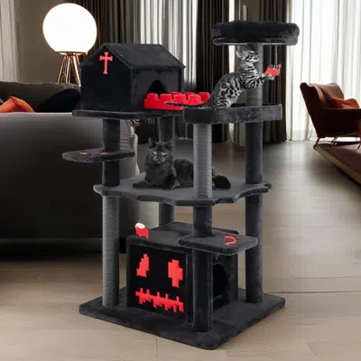 Proxxi 1pc Gothic Cat Tree 49 Inch Tall Cat Tower 6-tier Cat Activity Center With Coffin Bed In Red