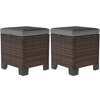 Proxxi 2 Pieces Wicker Outdoor Ottomans With Cushions, Rattan Ottoman Footrest & Side Table For Patio Yard 