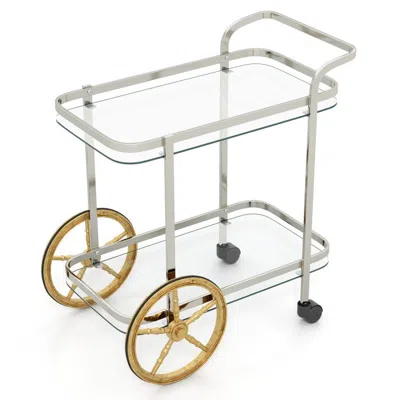 Proxxi 2-tier Tempered Glass Bar Cart With 2 Large Aluminum Wheels And 2 Rolling Casters In Gold