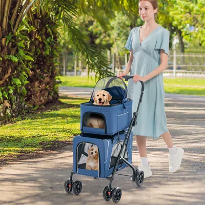 Proxxi Double Pet Stroller Foldable 3-in-1 Dog Stroller With 2 Detachable Carriers In Blue