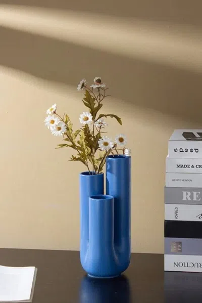 Proxxi Handmade Funky Memphis Triple Stems Ceramic Vase, Decorative Flower Vessel In Blue
