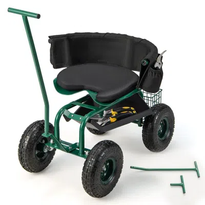 Proxxi Rolling Garden Cart With Height Adjustable Swivel Seat And Storage Basket In Black