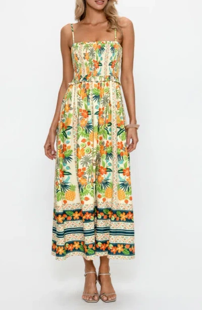 Ps By Cupshe Tropical Print Smocked Midi Dress In Yellow