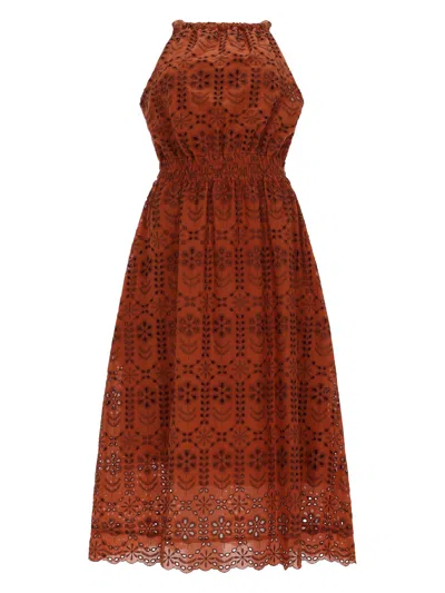 Ps By Paul Smith Brown Embroidered Halter Neck Midi Dress In Orange