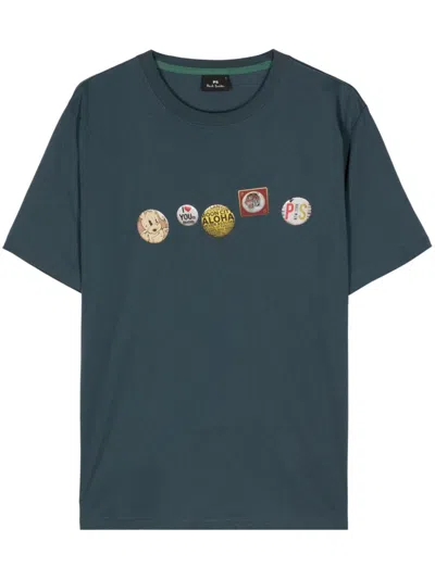 Ps By Paul Smith Badges-print Organic-cotton T-shirt In Blue