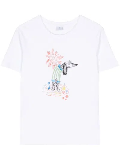 Ps By Paul Smith Beach Dog Print Cotton T-shirt In White