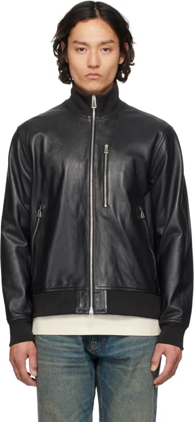 Ps By Paul Smith Black Leather Bomber Jacket In 79 Black