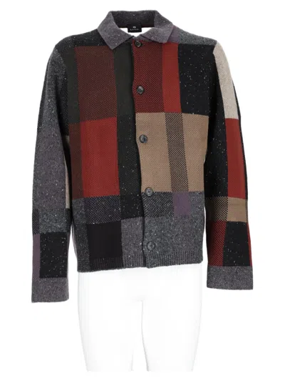 Ps By Paul Smith Black Wool-blend Rich Tone Patchwork Button-up Sweater