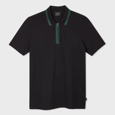 Ps By Paul Smith Black Zip Neck Stretch-cotton Polo Shirt With Two-tone Tipping