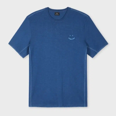 Ps By Paul Smith Blue Blanket-stitch 'happy' T-shirt