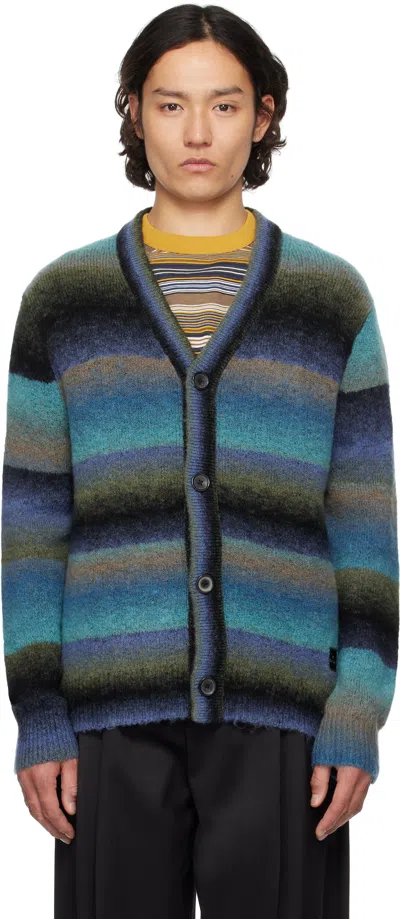 Ps By Paul Smith Blue Faded Stripe Merino Wool-blend Cardigan In Green