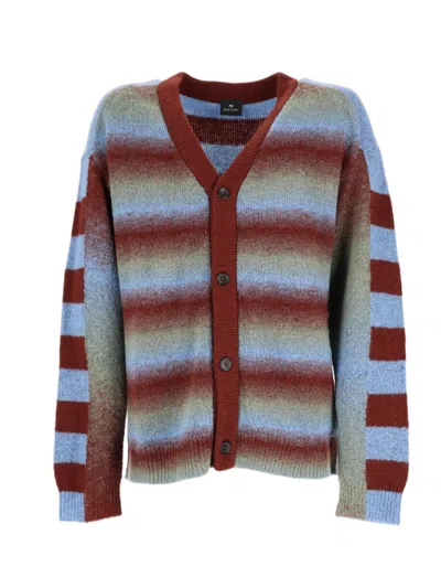 Ps By Paul Smith Blue Wool-blend Horizontal Striped Knit Cardigan In Gray