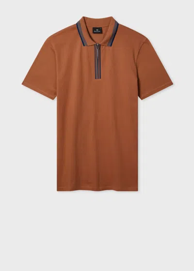 Ps By Paul Smith Brown Contrast Tipping Zip-neck Polo Shirt