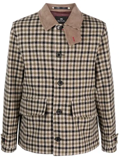 Ps By Paul Smith Button-collar Check Wool Jacket In Neutrals