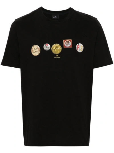 Ps By Paul Smith Badges-print Organic-cotton T-shirt In Black