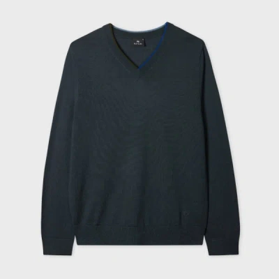 Ps By Paul Smith Dark Grey Merino V-neck Sweater In Blue