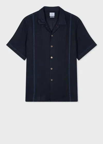 Ps By Paul Smith Dark Navy Linen Short-sleeve Blanket-stitch Shirt Blue