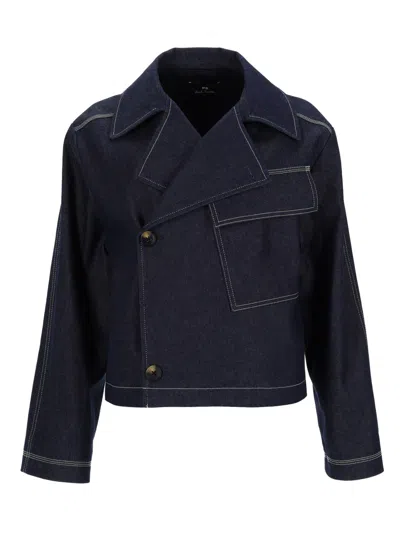 Ps By Paul Smith Denim Cotton-blend Cropped Asymmetric Jacket With Topstitching Blue