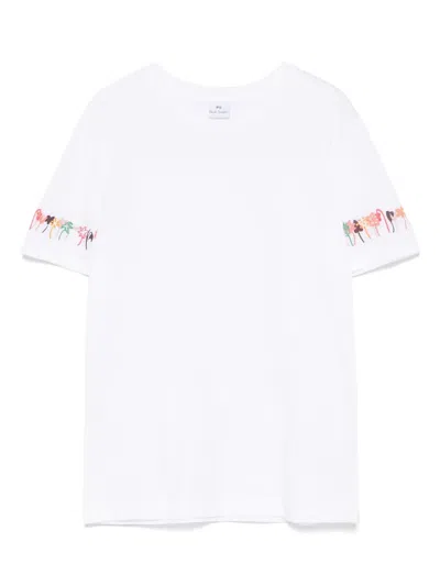 Ps By Paul Smith Floral-embroidered T-shirt In White