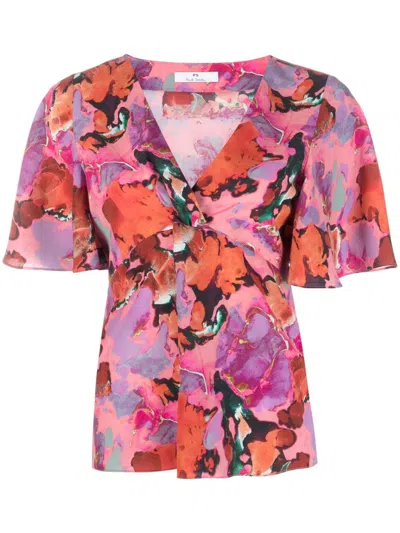 Ps By Paul Smith Gathered-detail Abstract-print Blouse In Rot