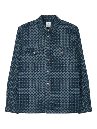 Ps By Paul Smith Geometric-print Pocket Shirt In Blue