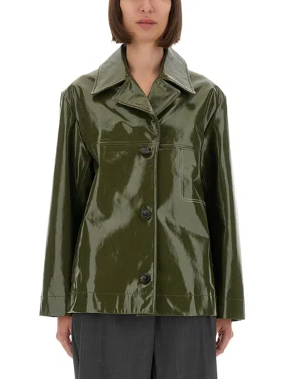 PS BY PAUL SMITH GLOSSY-FINISH GREEN LEATHER JACKET WITH CLASSIC COLLAR