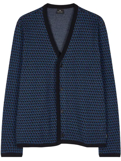 Ps By Paul Smith Blue Cotton-blend Houndstooth Cardigan Black