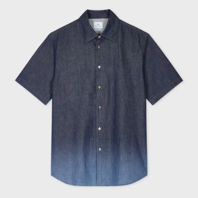 Ps By Paul Smith Indigo Rinse Denim Short-sleeve Shirt With Gradient Fade White