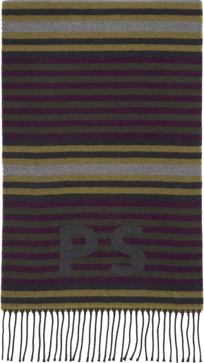 Ps By Paul Smith Khaki & Purple Jersey Stripe Scarf In 76 Greys