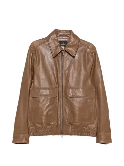 Ps By Paul Smith Leather Jacket In Brown
