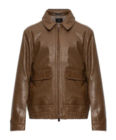 Ps By Paul Smith Zip-up Leather Jacket In Brown