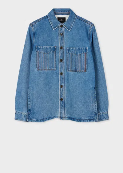 Ps By Paul Smith Light-wash Denim Embroidered-stripe Shirt Jacket Blue