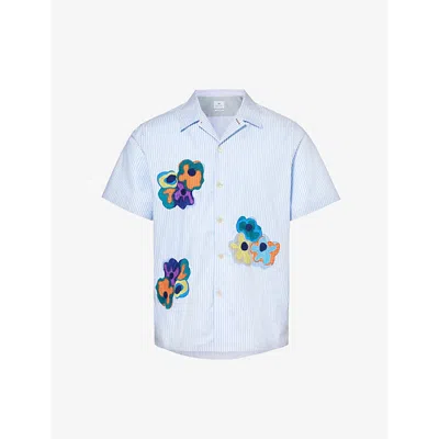 Ps By Paul Smith Mens Blue Floral-embroidered Casual-fit Cotton Shirt