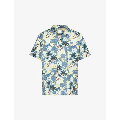Ps By Paul Smith Mens Light Blue Floral-print Camp-collar Cotton-blend Shirt
