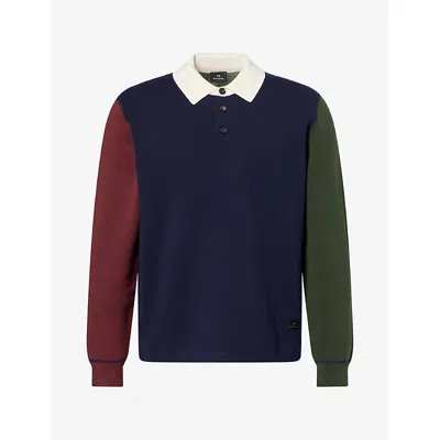 Ps By Paul Smith Mens Very Dark Navy Colour-block Cotton-blend Rugby Top Xl In Blue