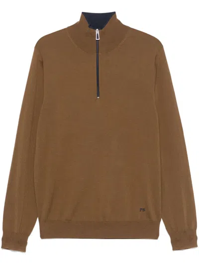 Ps By Paul Smith Merino-wool Half-zip Sweater In Brown