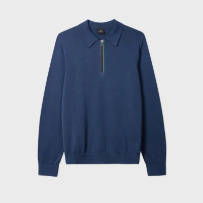 Ps By Paul Smith Mid Blue 'sports Stripe' Zip-neck Long-sleeve Polo Shirt