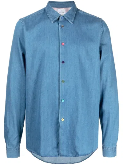 Ps By Paul Smith Mid-wash Long-sleeve Denim Shirt In Blau