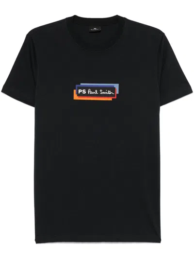Ps By Paul Smith Navy Blue Crewneck Logo Print T-shirt In Black