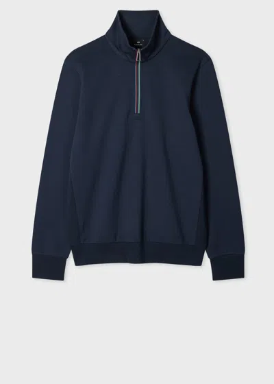 Ps By Paul Smith Navy Cotton-blend 'sports Stripe' Trim Quarter Zip Sweatshirt Blue