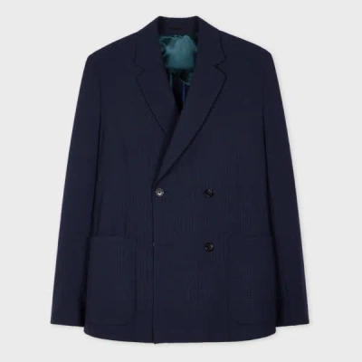 Ps By Paul Smith Navy Gingham Wool-blend Double-breasted Blazer Blue