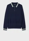 Ps By Paul Smith Navy Wool-cotton Zip Neck Knitted Polo Shirt Blue