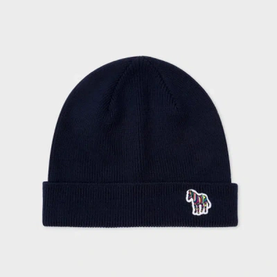 Ps By Paul Smith Navy 'zebra' Logo Ribbed Lambswool Beanie Hat Blue