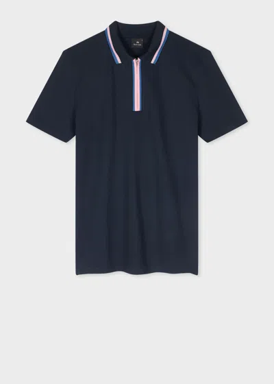 Ps By Paul Smith Organic Cotton Navy Zip-neck Polo Shirt Blue