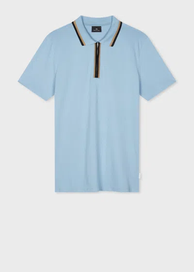 Ps By Paul Smith Pale Blue Zip-neck Polo Shirt With Contrast Tipping