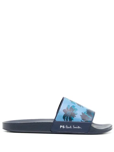 Ps By Paul Smith Palm Print Pool Slides In Blue
